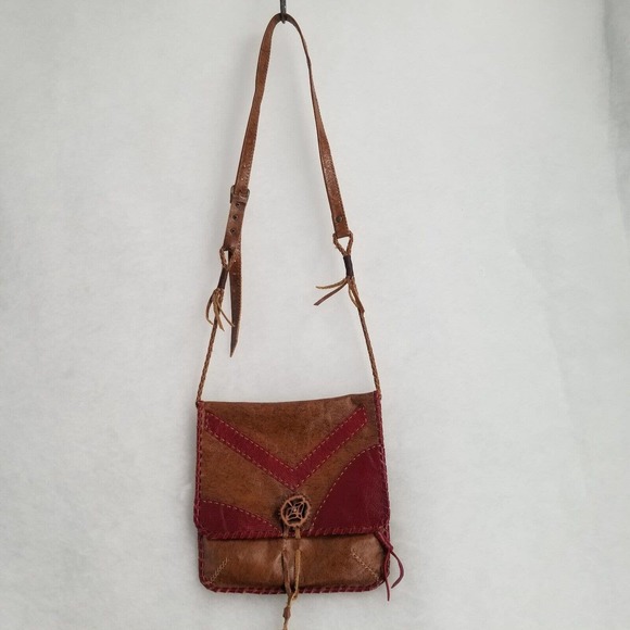 Ethnic Leather Boho Bag Brown & Burgundy 10"L x 10"W Crossbody Adjustable Strap - Picture 2 of 12